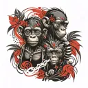 Two little Bonobos in tribal tattoo form a ying and yong. Fine line. Lovers. Smiling. Male and female. Inverted. Black tattoo design idea
