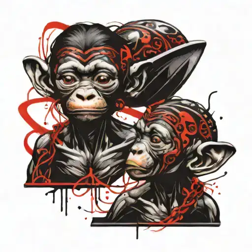 Two little Bonobos in tribal tattoo form a ying and yong. Fine line. Lovers. Smiling. Male and female. Inverted. Black tattoo design idea