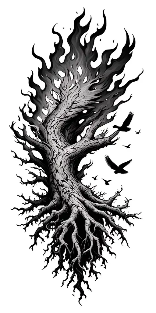 Poision Tree On Fire With Birds flying tattoo design idea