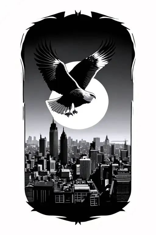 Design a tattoo of a majestic eagle soaring over a city skyline, embodying the freedom and strength you find in both your occupation and your love for traveling tattoo design idea