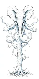 tree where roots turn into octopus tentacles with elephant head half realistic half geometric shapes tattoo design idea
