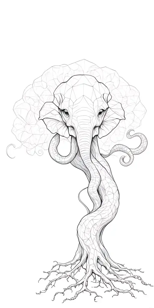 tree where roots turn into octopus tentacles with elephant head half realistic half geometric shapes tattoo design idea