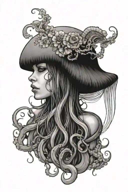 feminine jellyfish with floral tentacles hiding medusas face tattoo design idea