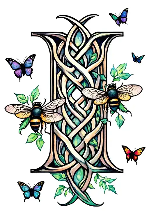 Celtic styled capitol M with small . vines, leaves intertwined and bees and butterflies flying around tattoo design idea