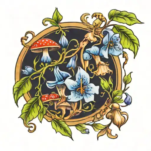 flowy vine with bluebells and mushrooms tattoo design idea