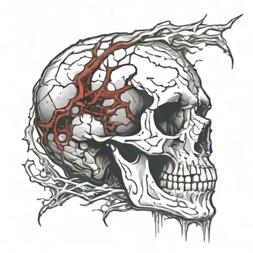 Cracked Blood covered Skull missing jawbone. Bleeding. Facing Forward, Broken, Fractured, Spinal column, spine. tattoo design idea