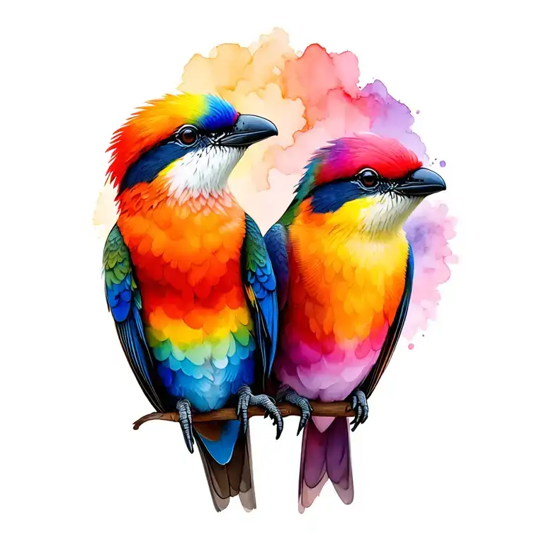 small, softly coloured featuring three native Australian baby birds: kookaburra, rainbow lorikeet and  female bowerbird tattoo design idea