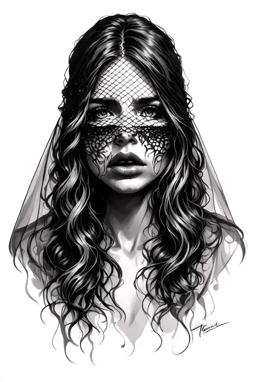 Woman crying, veil covering face made tattoo design idea