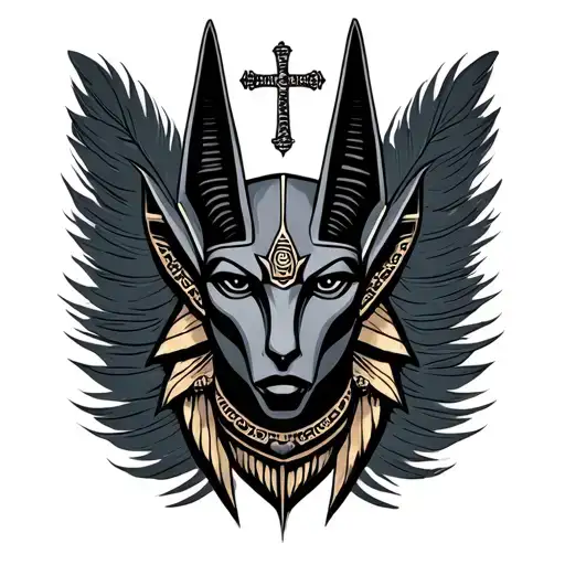 Anubis from the front, with the Ãnkh cross above the head, on a background of a dark feather that becomes light tattoo design idea