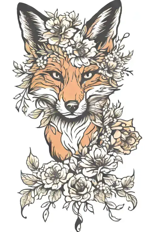 fox with slow drops, carnations, honeysuckle flowers  tattoo design idea