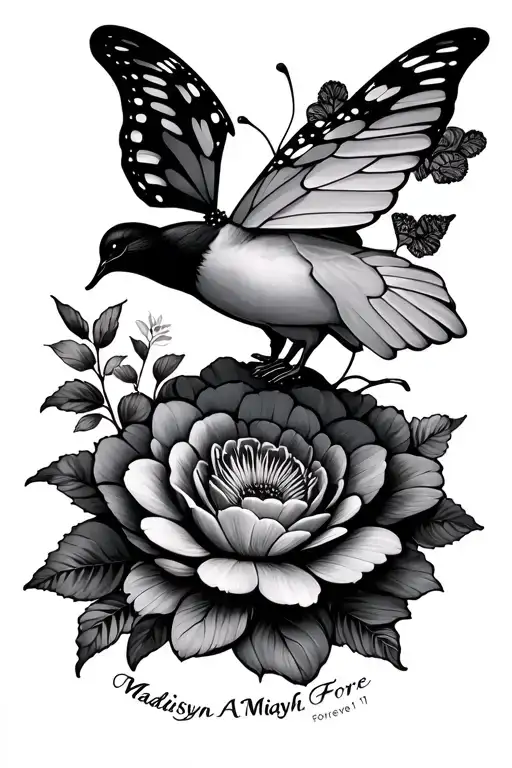 "Madisyn A’Miyah , Fore" forever 17 rest in peace flowers butterfly dove  tattoo design idea