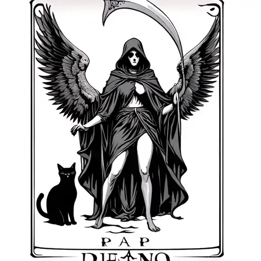death tarot card, with the reaper as a woman in a cloak, with a scythe, with human legs, phoenix wings and a black cat  tattoo design idea