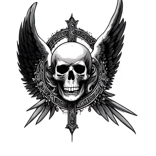 cross angel wings skull surrounded cyber sigilism tattoo tattoo design idea