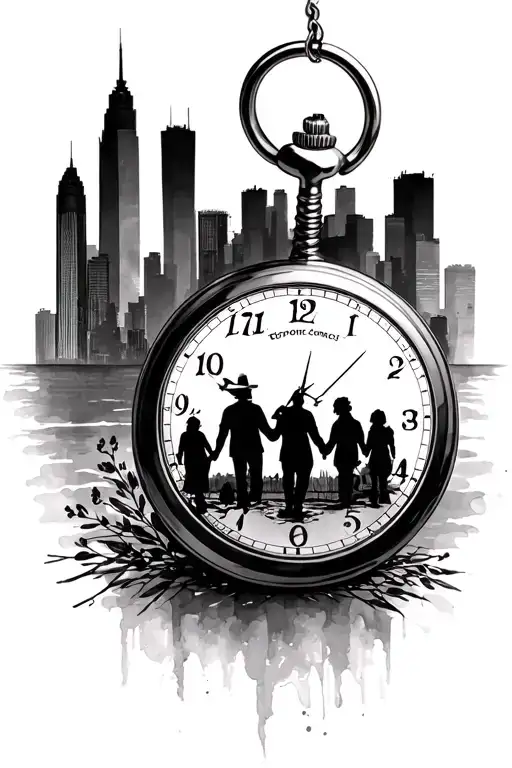 pocket watch   family silhouette  , Toronto skyline tattoo design idea