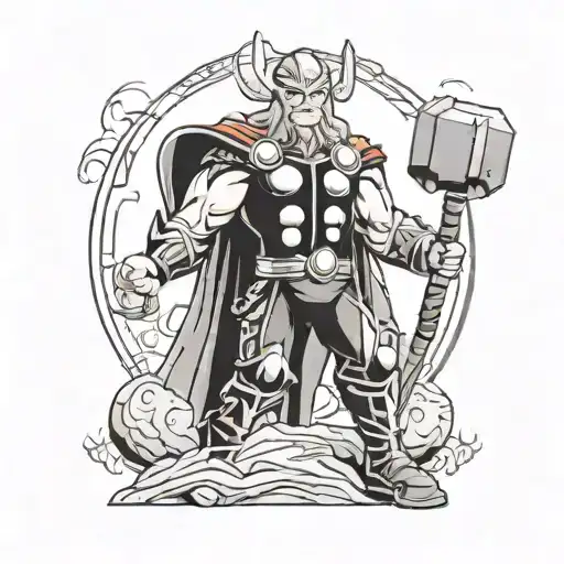 create an image with the following Details: • Thor (center): • Small, cartoon-style Thor standing in the middle, looking tattoo design idea