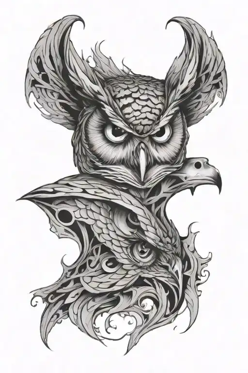 one owl eye side and joker movie face tattoo design idea