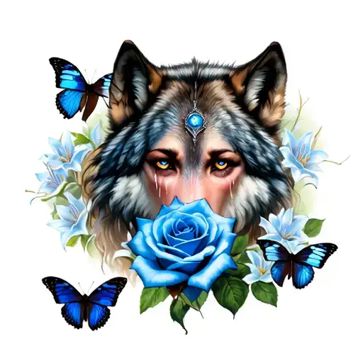 warrior wolf woman crying eye rose lilly  blue butterflies tattoo design idea