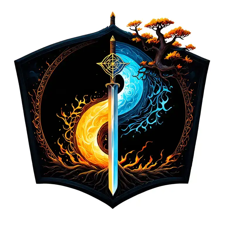 tree of life yin yang with tree growing out of sword sword has metatrons cube on it and it's a flaming sword tattoo design idea