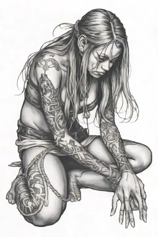 slave girl on knees chained together dark tattoo design idea