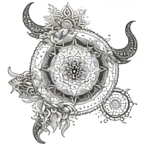 Intricate mandala incorporating elements of Taurus, Libra, Virgo, and Capricorn tattoo design idea