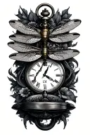 dragonfly surrounded with a pocket watch and the initials M, L, J, I tattoo design idea