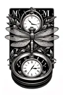 dragonfly surrounded with a pocket watch and the initials M, L, J, I tattoo design idea
