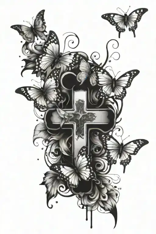 cross, semicolon , butterflies tattoo design idea