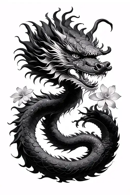 Chinese dragon with jasmine. Minimalist and fine line. tattoo design idea
