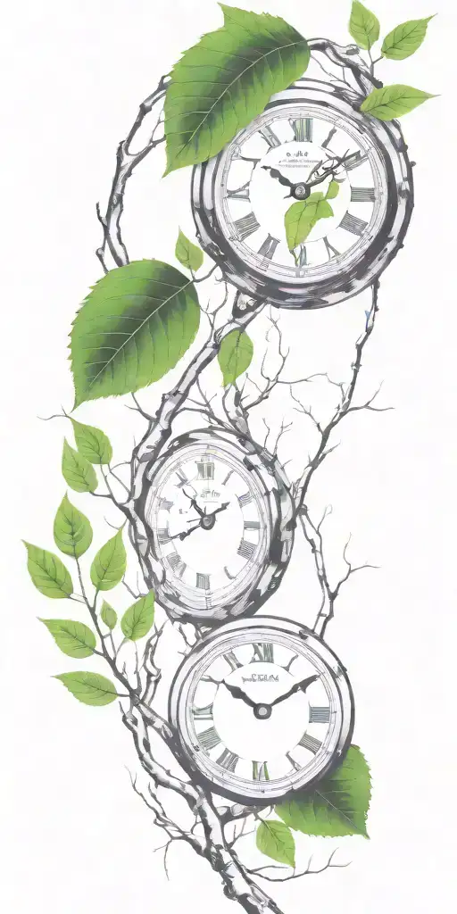 birch tree branches and green leaves with only 3 clocks integrated into it for an arm sleeve tattoo design idea