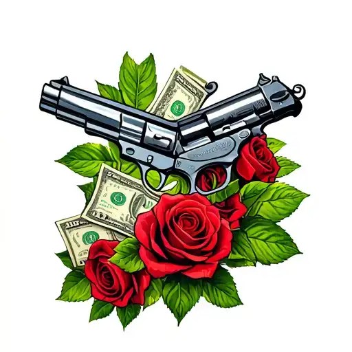 roses and guns money drugs tattoo design idea