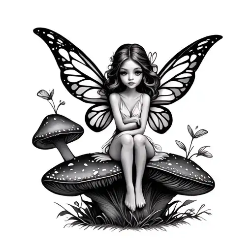 dainty fairy sitting on a mushroom tattoo design idea
