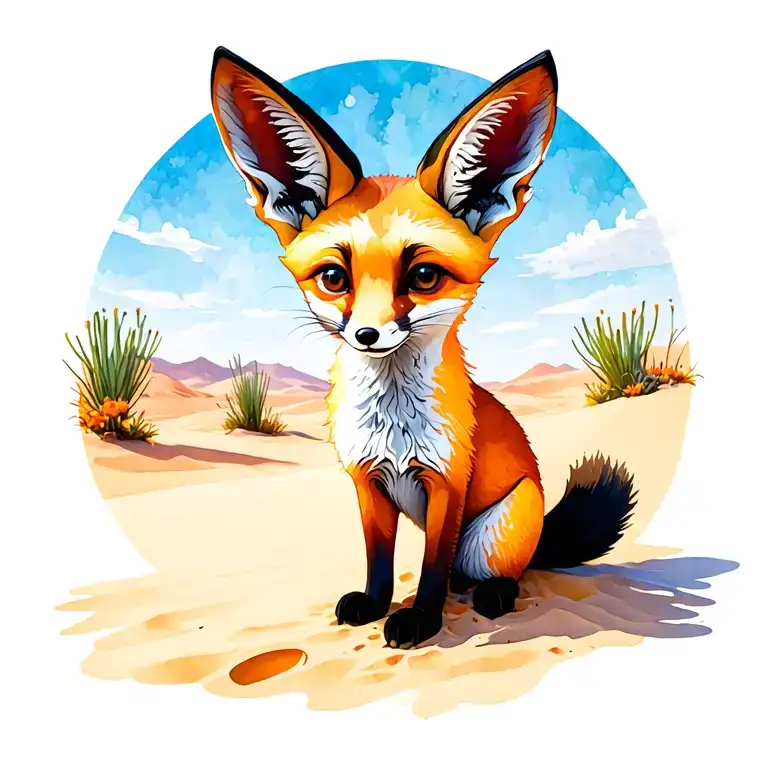 A playful fennec fox in a sunlit desert, glowing sand and big sky. Bold digital style, warm tones, energetic and golden. tattoo design idea