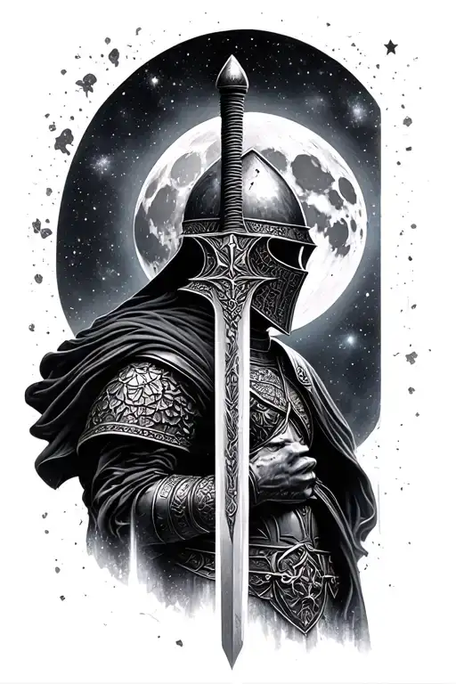 Space (realistic moon, galaxy/ see Milky Time passing knight/ sword head Leonard de Vincie statue, hive, shade tattoo design idea