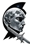 Space (realistic moon, galaxy/ see Milky Time passing knight/ sword head Leonard de Vincie statue, hive, shade tattoo design idea