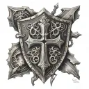 biomechanical shield with knights templar cross intertwined tattoo design idea