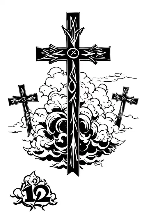 3 crosses and roman numeral 12 with clouds surrounding tattoo design idea