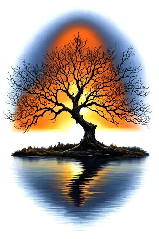 Poison Tree without leaves sunset over lake tattoo design idea