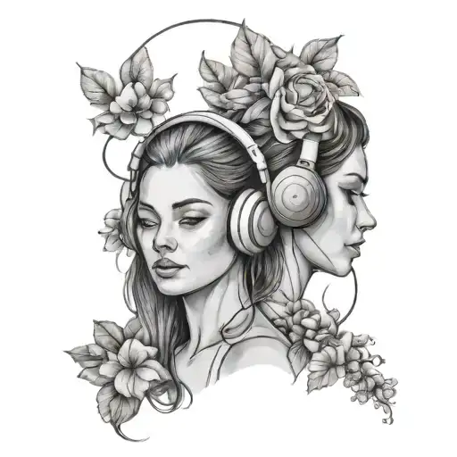 A portrait of a mother and daughter sharing headphones, surrounded by blooming flowers tattoo design idea