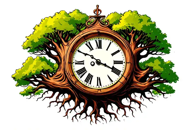 grandfather clock that evolves into tree roots spread wide across  tattoo design idea