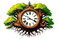 grandfather clock that evolves into tree roots spread wide across  tattoo design idea