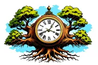 grandfather clock that evolves into tree roots spread wide across  tattoo design idea