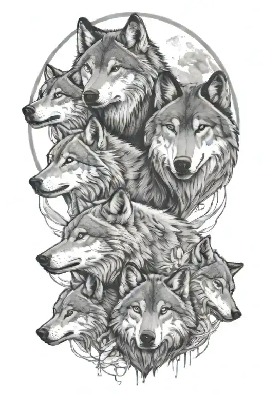 two adults wolves and 3 cubs full moon, dark side of the moon  tattoo design idea