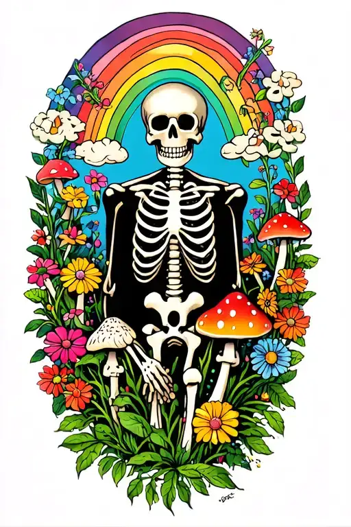 Skeleton gardener surrounded by flowers and mushrooms and rainbow tattoo design idea