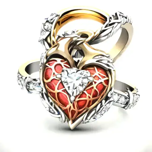 beating heart with diamond wedding rings intertwined tattoo design idea