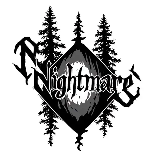 The word "Nightmare" on forearm with dark forest tattoo design idea
