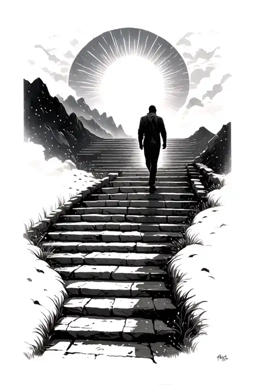path leading to heaven with stairs, with a man alone from behind walking towards the light tattoo design idea