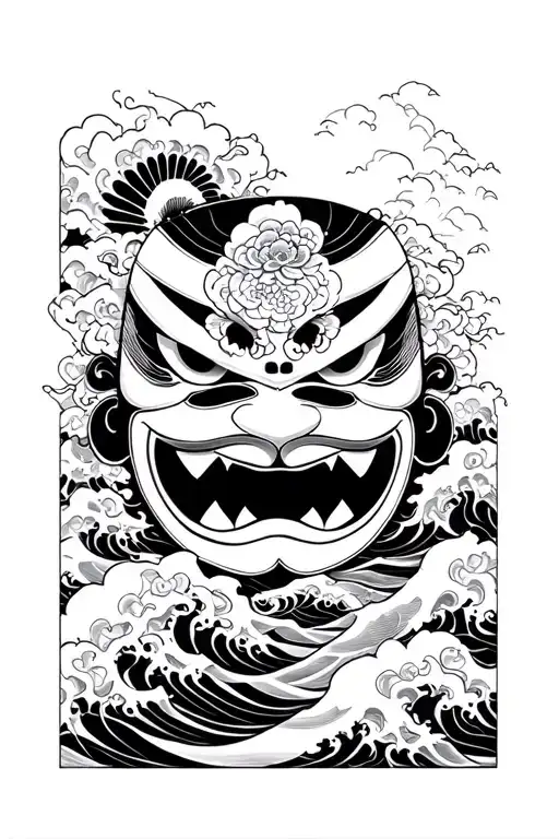 hanya mask and daruma with waves flowing tattoo design idea