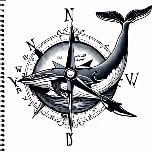 Create me a tattoo with a compass rose, incorporating a whale, an anchor, and adding... ba 20116189 27/10/2022 11/12/21 tattoo design idea