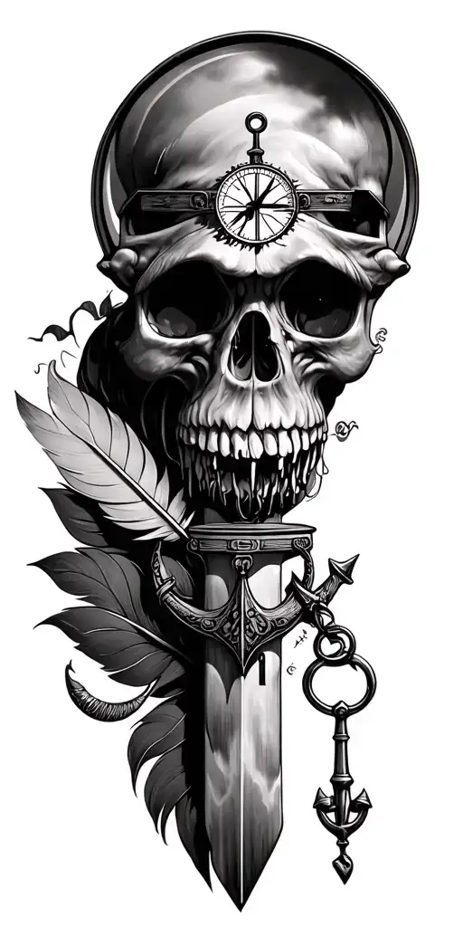 lighthouse, anchor, quill pen and magnifying glass tattoo design idea