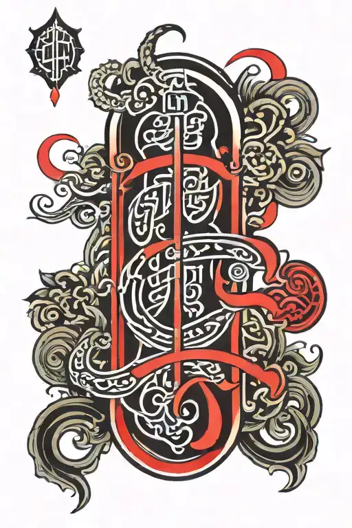 red and black line shin tattoo Thai lettering vertical tattoo design idea